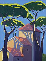Wolfram Scheffel 3 Haeuser unter Pinien, 2022, OelLw, 120x90 cm